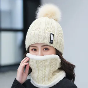 Winter warm knitted pom-pom hat and neck warmer set for women, cozy fleece-lined design.