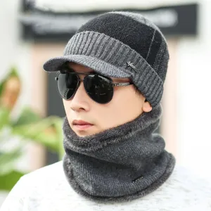 Herren Winter warme Mütze und Halswärmer Set, gefütterte dicke Strickmütze für Kälte.