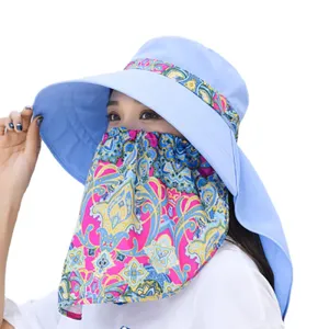 Summer sun protection hat with face cover and neck flap, large brim for outdoor travel.