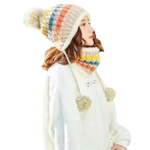 Winter warm knitted ear protection hat and scarf set with colorful pom-poms for women