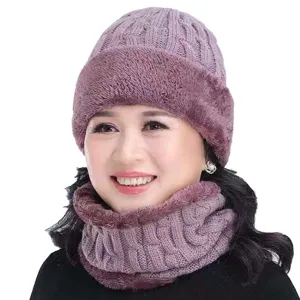 Set Cappello E Sciarpa In Maglia Calda Inver Ginale Da Donna Foderato In Peluche Viola