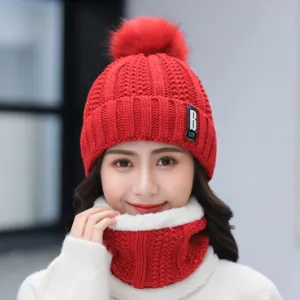 Women winter warm knitted beanie hat and plush lined scarf set red pom pom soft cozy
