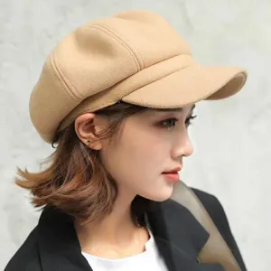 Classic women wool newsboy cap khaki octagonal beret hat stylish autumn winter headwear.