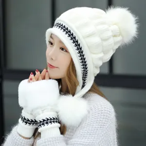 Japanisch Süß Polyester Strickmütze Mit Ohrenschutz Plüsch-Pompon Winter Warm Winddicht Verdickte Ohrenklappe Mütze Für Damen