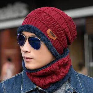 Winter men's knitted beanie and scarf set, fleece lined warm thick cap for outdoor cycling.