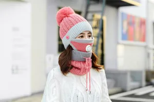 Winter knitted hat set for women with breathing valve face mask thick fleece warm cap.
