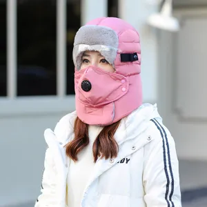 Rosa Winter Windschutz Bomberhut mit Brille und Gesichtsmaske, warme dicke Radkappe für Damen.