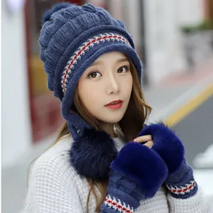Damen Winter Warm Strickmütze Plüschball Ohrenklappen Dicke Gefütterte Mütze Handschuhe