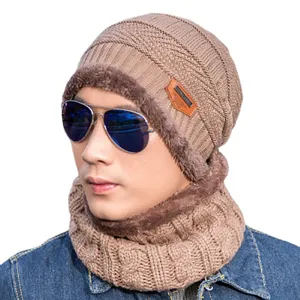 Men's winter knitted beanie and scarf set warm fleece lined outdoor cycling fashion hat.