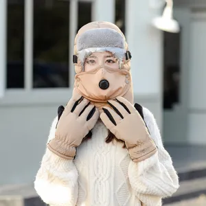 Winter Reiten winddicht warm Hut Set, Bombermütze mit Brille Maske und Handschuhen.