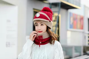 Women's winter knitted hat with neck warmer set, thick plush lined windproof warm cap with pompom.