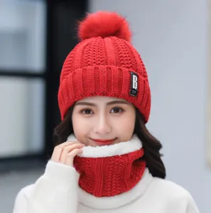 Women Winter Warm Fleece Lined Acrylic Knit Beanie Hat Pom Pom Label Knit Hat Scarf Set Cold Weather Outdoor Warm Cap