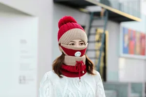 Winter knitted hat for women with breathing valve, thick fleece lined windproof ear flap cap.