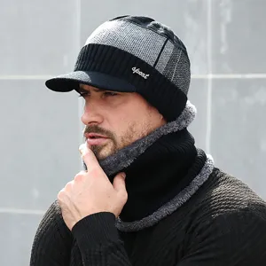 Men Winter Warm Knit Beanie Hat And Scarf Set Fleece Lined Thick Thermal Outdoor Cap Casual Fashion Winter Headwear