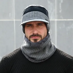 Detailed view of the winter warm knitted hat and scarf set for men, soft fleece lining.