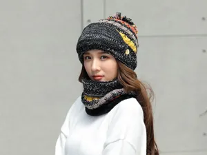 Donne inverno berretto in maglia e sciarpa set simpatico cappello caldo per tempo freddo.