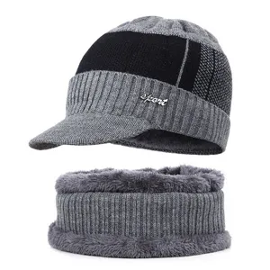 Men winter warm knitted hat and fleece neck warmer set grey black two piece set outdoor