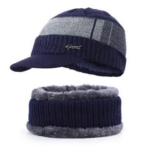 Men winter fleece lined knitted beanie hat and neck warmer set thick warm wool cap for cold.