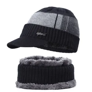 Men winter knitted hat and scarf set fleece lined warm beanie cap with visor grey black