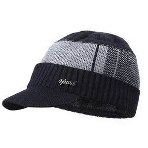 Men's Winter Thermal Knitted Hat Fleece Lined Beanie with Brim Fashion Casual Warm Cap