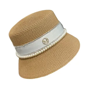 Women summer straw bucket hat elegant pearl rhinestone M logo sun protection beach fisherman cap