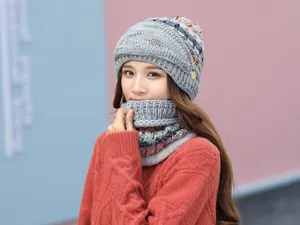 Set berretto e sciarpa in maglia invernale da donna, cappello grigio caldo con bottoni