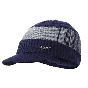 Men winter warm knitted baseball hat fleece lined thick visor cap dark blue casual fashion beanie