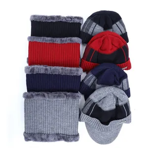 Men winter warm knitted beanie and scarf set fleece lined thick winter hat for men soft comfortable