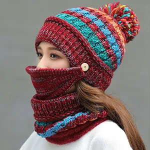 Set Berretto in Maglia di Acrilico Caldo Invernale da Donna Set Dolce Carino Protezione Orecchie Antivento Ciclismo all Aperto Berretto Pompon Con Scaldacollo Maschera Facciale Set per Donna