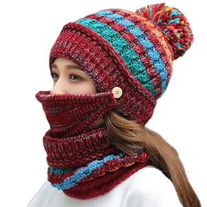 Set cappello e sciarpa in maglia calda da donna per inverno, berretto carino con protezione.