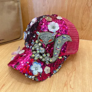 Berretto da baseball con strass e paillettes da donna cappello da volpe rosa brillante