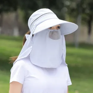 Summer sun protection hat with wide brim and detachable face cover for outdoor cycling use.