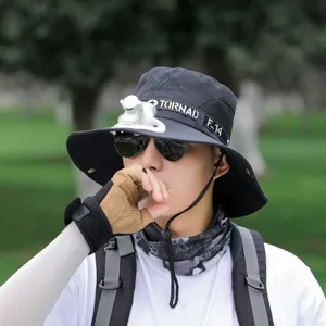 Men's outdoor sun protection bucket hat with built-in mini fan, wide brim and breathable mesh.