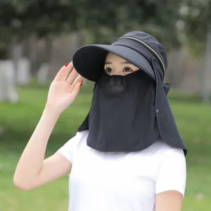 Detachable sun protection hat with large brim and face mask for outdoor summer riding UV shield.