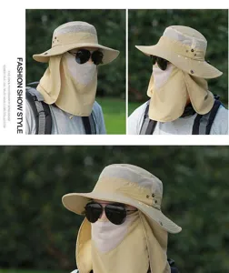 Summer outdoor fishing sun hat for men, wide brim breathable UV protection cap with neck flap.