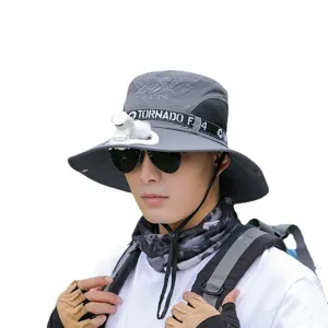 Mens outdoor sun hat with mini fan wide brim fishing bucket hat summer UV protection grey