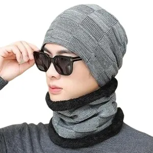 Herren Winter warme Strickmütze und Halswärmer Set grau gefüttert dicke Radfahren Kappe warm