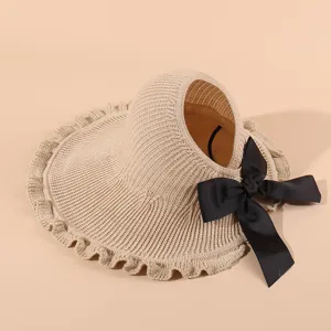 Women Summer Knit Empty Top Sun Hat With Wide Brim And Bowknot UV Protection Visor