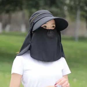 Women's sun protection hat with detachable face cover, large brim anti-UV summer outdoor cap.