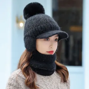 Mujer invierno cálido gorro de punto con orejeras pompón y bufanda grueso acogedor moda tocado