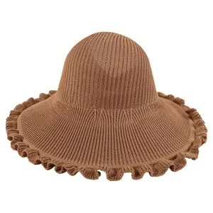 Summer women's knitted wide brim sun hat, stylish breathable cotton linen outdoor travel cap.