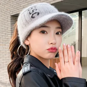 Mujer invierno pelo de conejo gorro tejido parte superior abierta gris moda caliente
