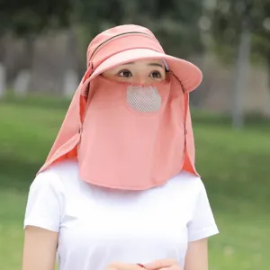 Detailed view of the detachable sun protection hat with full face shield for outdoor summer use.