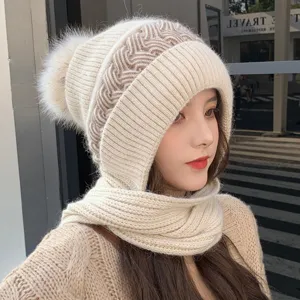 Beige knitted hooded scarf set for women, thick plush ball winter warm earflap beanie.