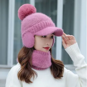 Conjunto de gorro y bufanda de punto de invierno rosa para mujer, gorro con orejeras.