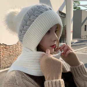 Women's knitted hooded scarf winter warm beanie hat with fluffy pom pom stylish earflaps