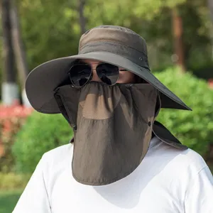 Outdoor sun protection fishing hat for men with wide brim and face mask breathable summer.