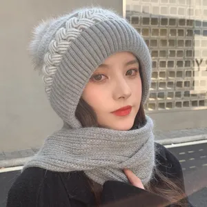Women winter warm gray knitted hat and scarf integrated cute thick ear protection beanie.