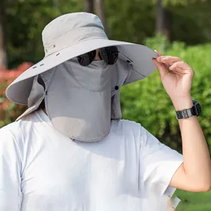 Men outdoor sun protection fishing hat wide brim breathable UV block grey cap with face flap