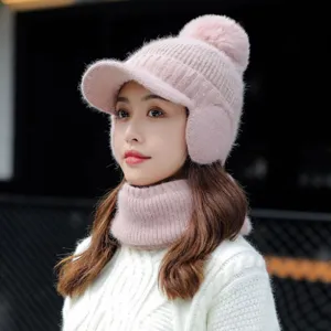 Conjunto de gorro y bufanda de punto de invierno cálido para mujer pompón felpa orejeras suave